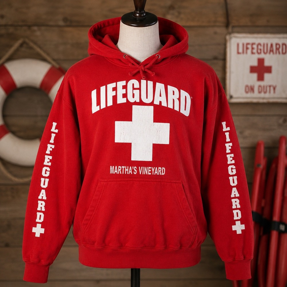 Lifeguard Martha's Vineyard Hoodie Red Pullover Sweatshirt Mens Large Graphic